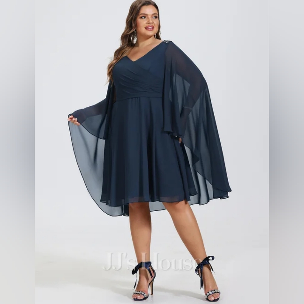 JJs HOUSE 🏷️NWT Navy Chiffon Cape V-Neck Beaded Shoulder Mididress MOB 18W